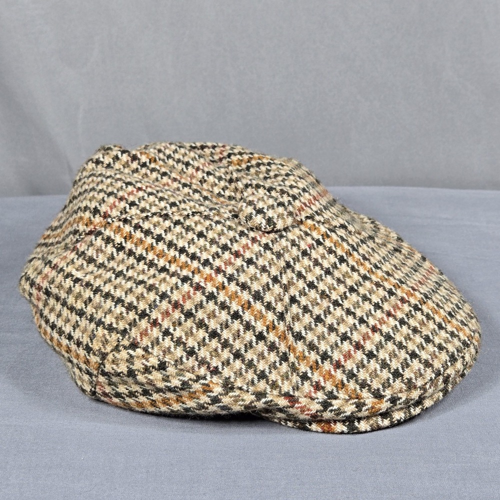 Vintage Newsboy Cap Made in UK Wool Tweed Hat Brown Houndstooth Flat Cap Small S